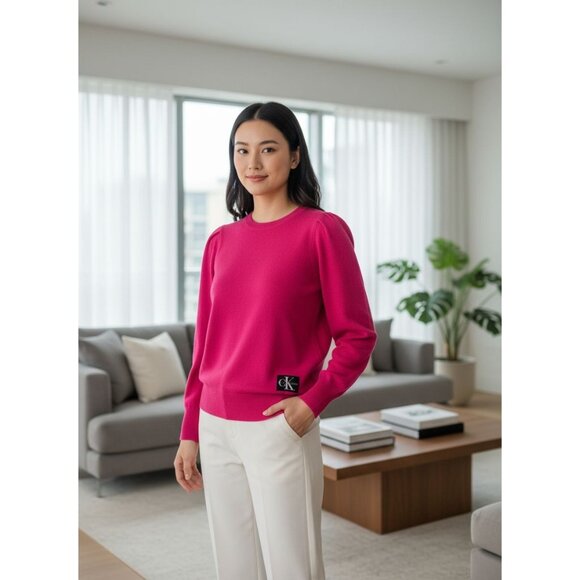 Calvin Klein Jeans Womens Hot Pink Knit Sweater XS Long Sleeve Pullover Nylon Bl - Picture 5 of 12